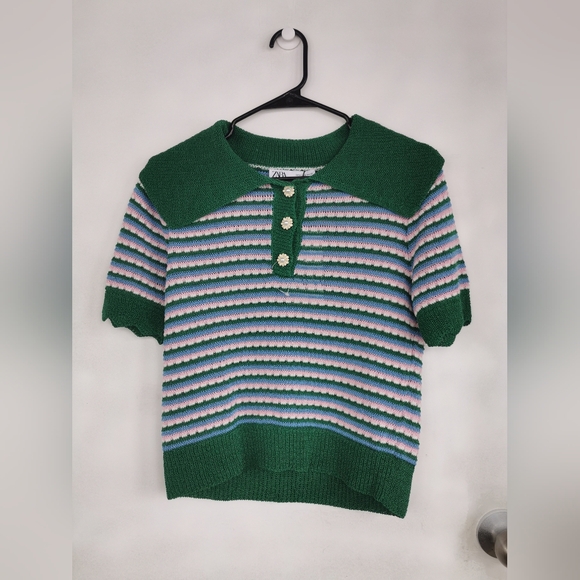 Zara NWT striped knit polo shirt with flower buttons Size M Green Pi nk blue - Picture 3 of 11